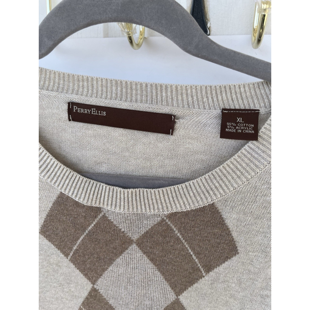 Perry Ellis Men’s Argyle Sweater Gray Brown Cotton Blend Size XL - Picture 9 of 12